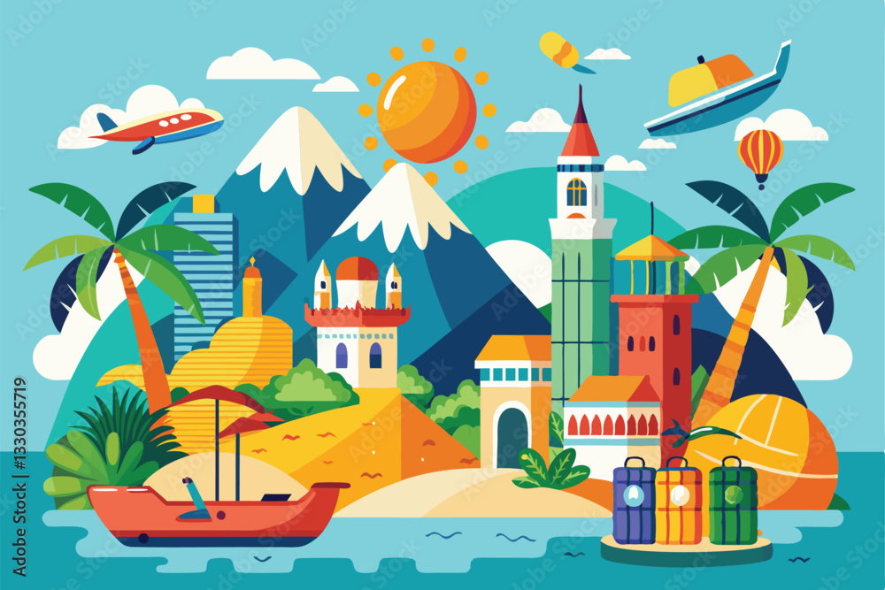 Enjoy a bright summer day with mountains, palm trees, boats, and sunny skies inviting adventure and relaxation, Travel, tourism or summer vacation, Enjoy a bright summer day with mountains, palm trees, boats, and sunny skies inviting adventure and relaxation, Travel, tourism or summer vacation,