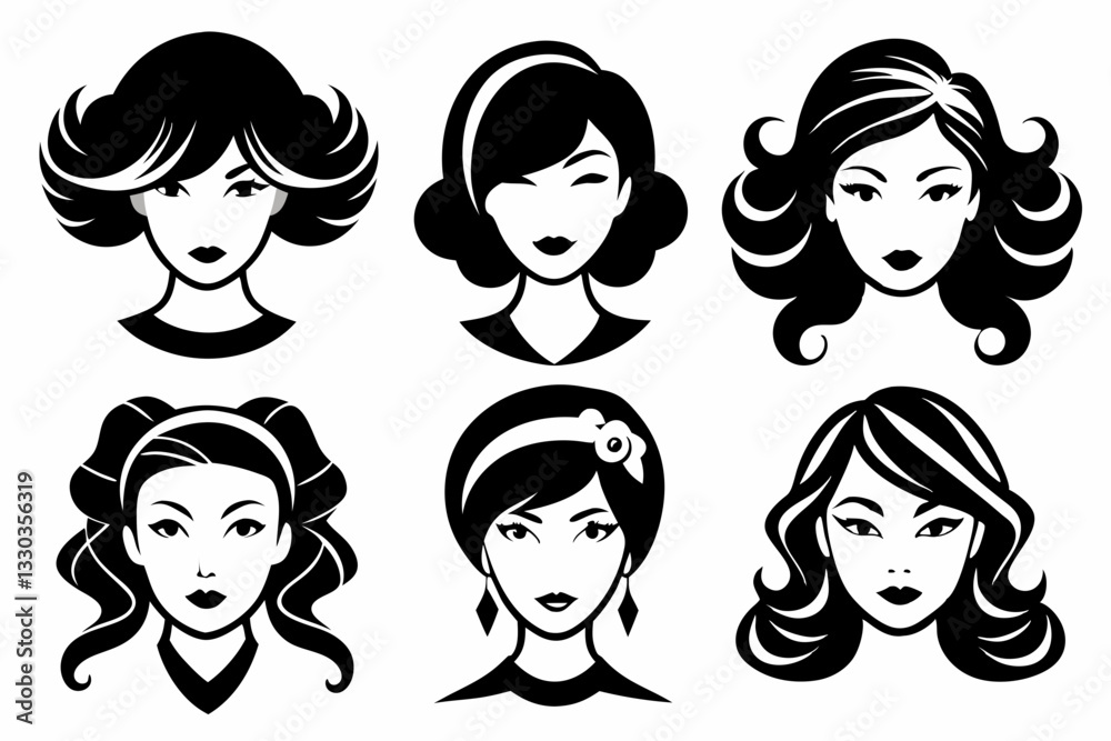 hairstyles for women icon set line art silhouette vector illustration