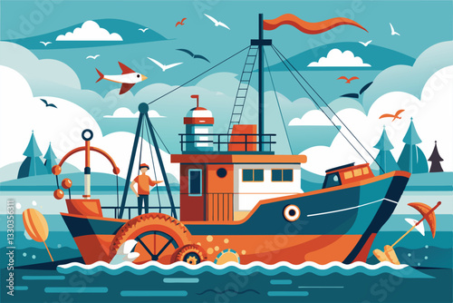 A colorful trawler operates in tranquil waters surrounded by trees and mountains, showcasing fishing activity, Trawl fishing Customizable Disproportionate Illustration