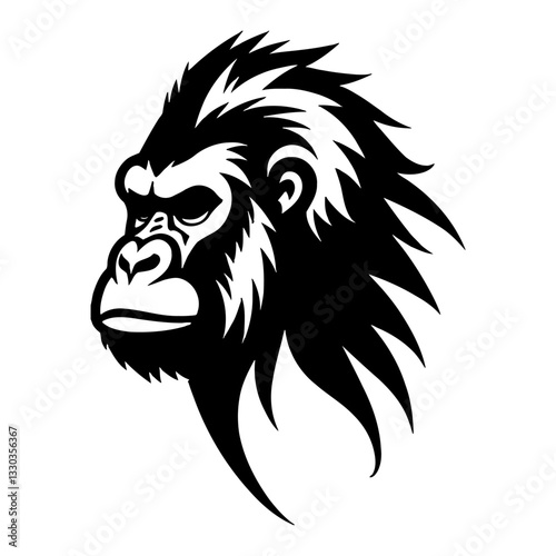 Minimalist Head Gorilla Gaze Stare Silhouette Detailed Black and White Outline Line Art Drawing
