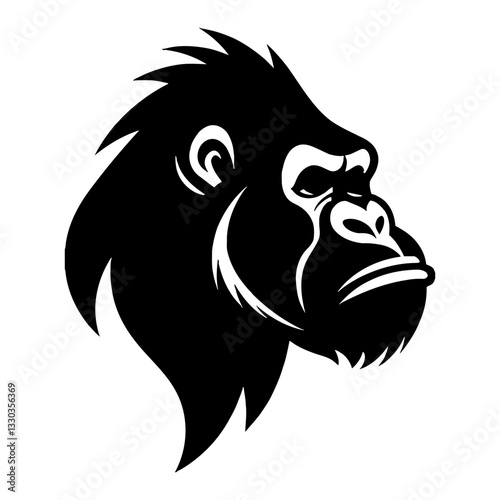 Minimalist Gorilla Head Side View Silhouette Black and White Outline Line Art Drawing Illustration