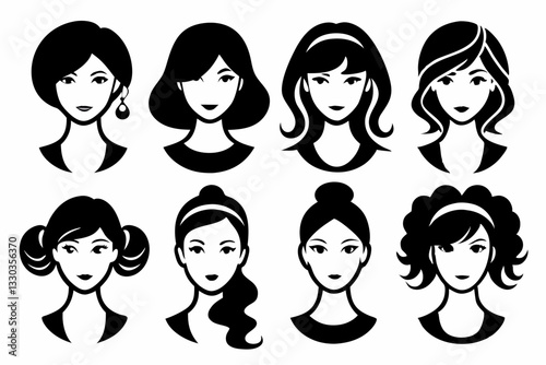 hairstyles for women icon set line art silhouette vector illustration