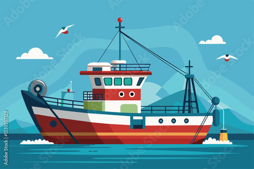 A colorful trawl fishing boat is actively working in calm waters while seagulls soar above under a blue sky, Trawl fishing Customizable Semi Flat Illustration
