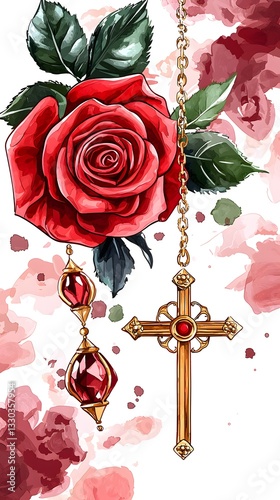 A beautiful combination of a rose and cross symbolizing faith and new beginnings in watercolor baptism designs