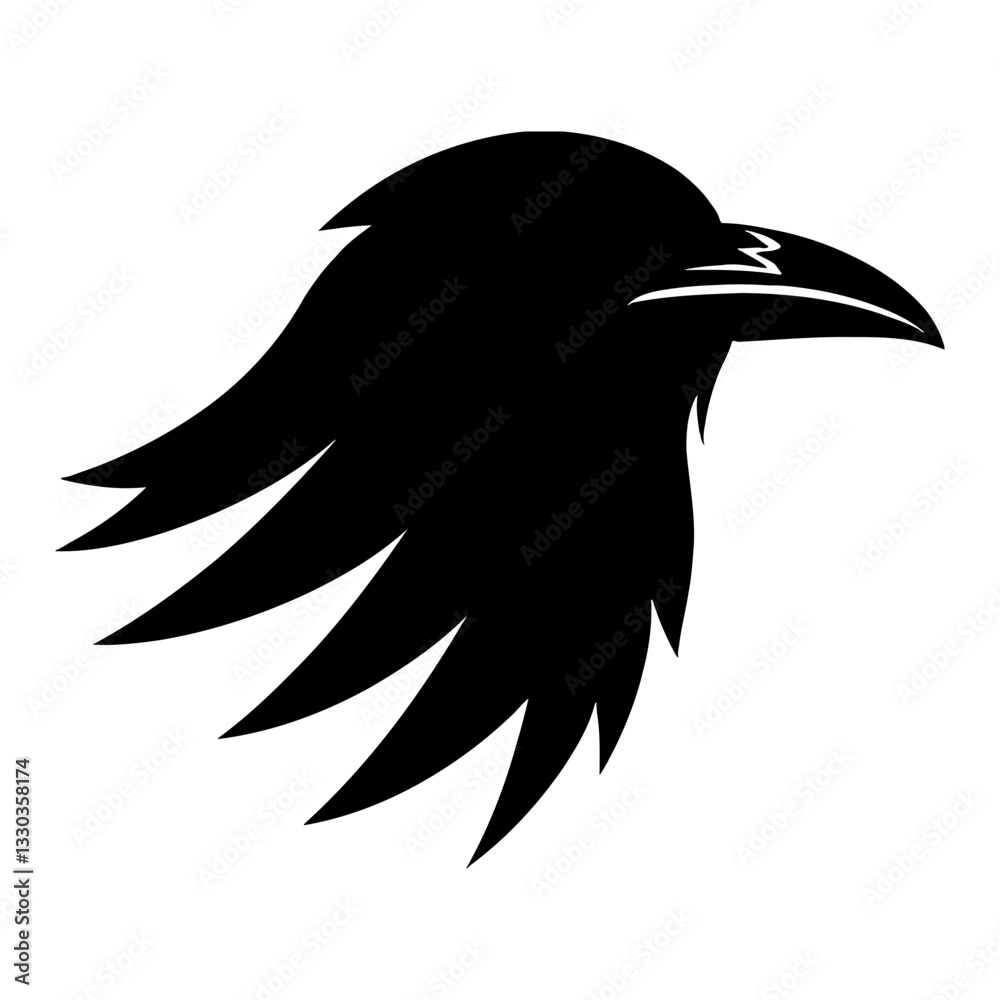 Fototapeta premium Minimalist Raven Head Profile in Black and White Outline Line Art Drawing of Bird Silhouette