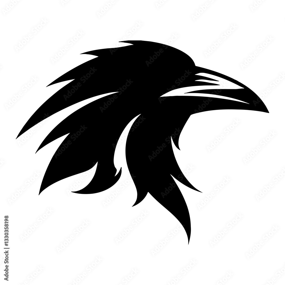 Fototapeta premium Minimalist Raven Head Profile Silhouette Black and White Outline Line Art Drawing Design Template