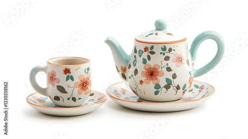 Vintage toy tea-set on white background