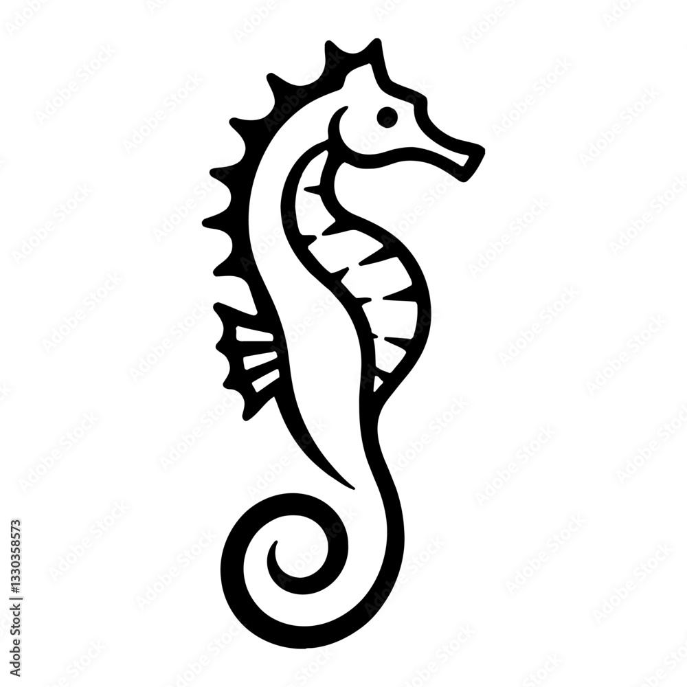 Obraz premium Minimalist Seahorse Head Side View Black and White Outline Line Art Drawing Vector Illustration