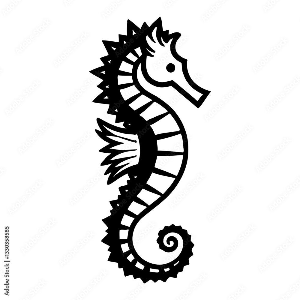 Fototapeta premium Minimalist Seahorse Head Profile View Black and White Outline Line Art Drawing Vector Illustration