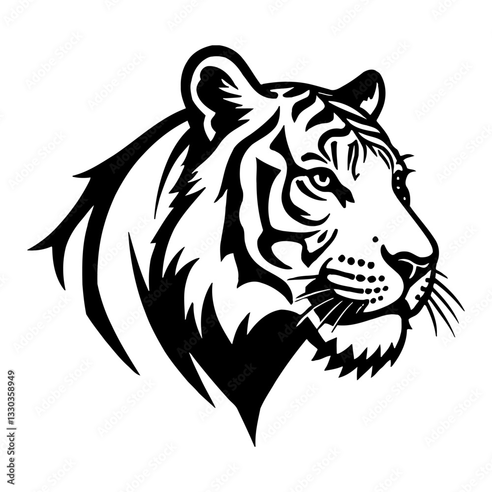 Obraz premium Minimalist Head Tiger Profile Silhouette Line Art Drawing in Black and White Outline Line Art Drawing