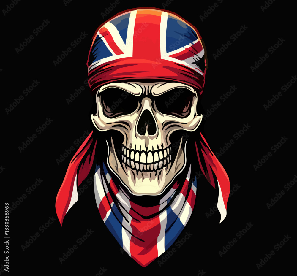 Biker vector t-shirt design with human skull
with british flag bandana isolated on black background.
Fashionable print for fabric, paper, men clothing,
hoodie, jacket. T shirt template. Biker vector t-shirt design with human skull
with british flag bandana isolated on black background.
Fashionable print for fabric, paper, men clothing,
hoodie, jacket. T shirt template.