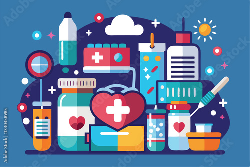 Various treatment items and pharmaceuticals are illustrated in a colorful arrangement showcasing healthcare, Treatment and pharmaceuticals,