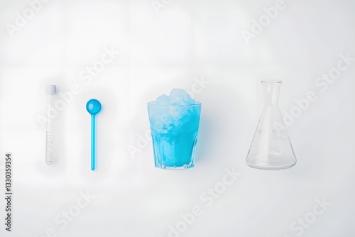 Blue Slushie Drink with Lab Equipment on White Background, Science-Themed Beverage Concept Flat lay