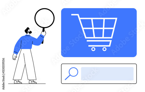 Male figure holding magnifying glass inspects shopping cart icon and search bar for e-commerce. Ideal for retail, online purchase, analytics, SEO, user experience, digital marketing, flat simple