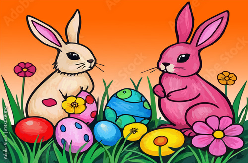 illustration of eggs and rabbits colorful beground flowers on Easter day