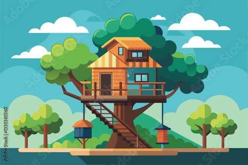 A distinctive tree house stands tall among lush greenery, offering a playful retreat surrounded by nature, Tree house Customizable Semi Flat Illustration