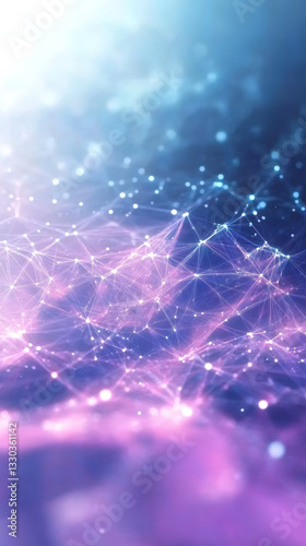 Plexus network forming a digital landscape with glowing particles and a gradient from blue to purple