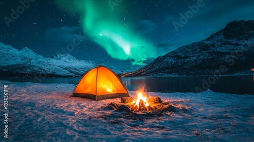 Campfire and Tent Underneath the Aurora Borealis