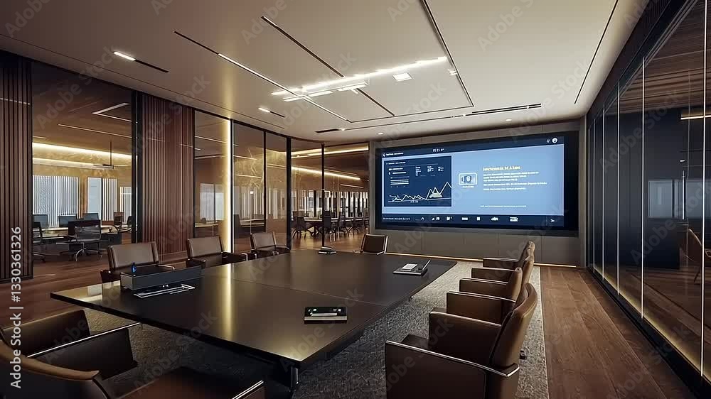 Modern conference room with large screen displaying data, showcasing a collaborative environment Modern conference room with large screen displaying data, showcasing a collaborative environment