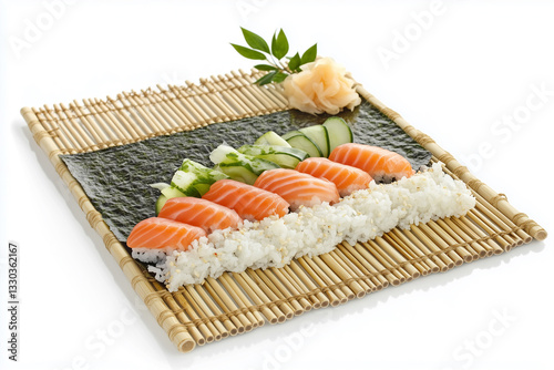 close up photo of Japanese sushi rolls at home with white begron