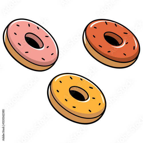 Three colorful donuts with sprinkles vector illustration  

