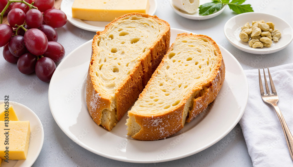 Sliced bread with cheese and grapes on white plate Sliced bread with cheese and grapes on white plate