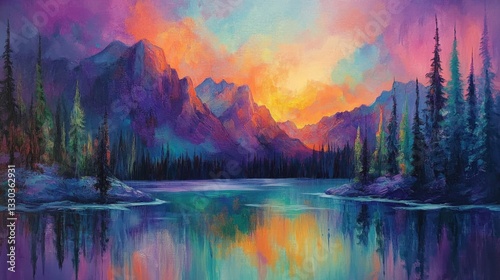 Vibrant Sunset Over Mountain Lake And Forest
