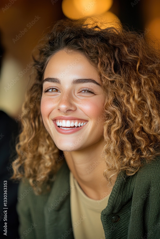 Smiling Woman with Curly Hair in Casual Attire Radiating Joy and Confidence Indoors Smiling Woman with Curly Hair in Casual Attire Radiating Joy and Confidence Indoors