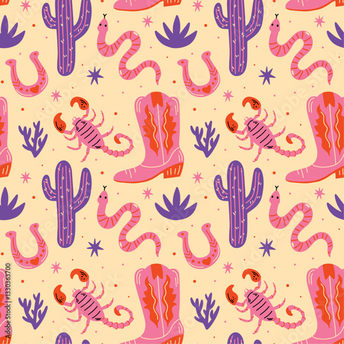 Western themed seamless vector pattern with cute groovy funky cartoon illustration of desert scorpio, snake, plants, horseshoe, cowboy boots, cowgirl aesthetic, wild west, american native