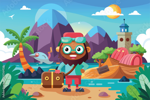 A traveler stands on a beach with a suitcase, surrounded by palm trees and mountains under a bright sky, Trip Customizable Cartoon Illustration