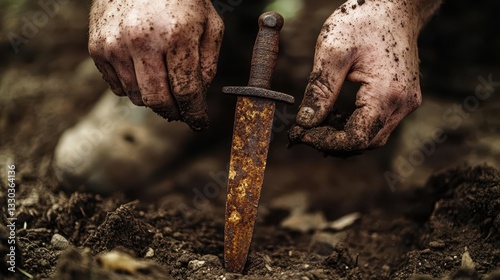 Hands of an archeologist who dug up a rusty medieval dagger from the ground photo