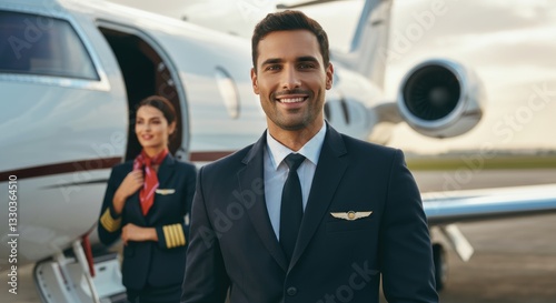 Smiling pilot and flight attendant standing near a private jet