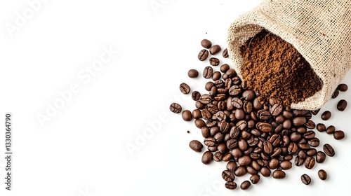 Obraz na płótnie Bag with ground coffee and roasted beans w salonie