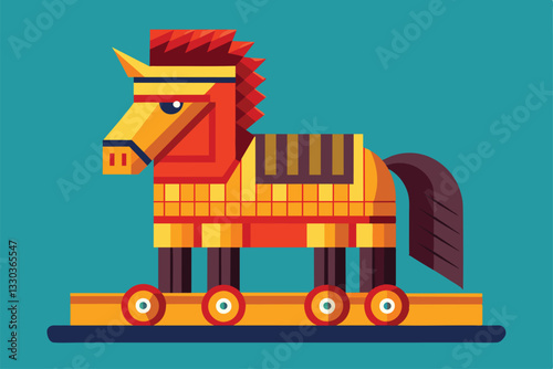 A whimsical Trojan horse with bright colors and exaggerated features, showcasing unique artistic style, Trojan horse Customizable Disproportionate Illustration