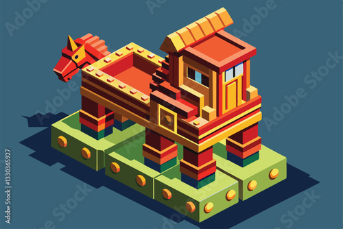 A vibrant isometric illustration features a customizable Trojan horse design resting on green blocks, Trojan horse Customizable Isometric Illustration