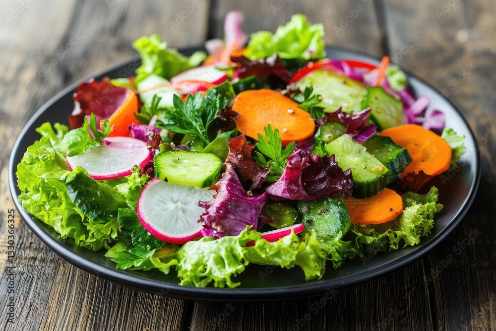 Fresh Vegetable Salad with Lettuce, Radishes, Carrots, and Cucumbers on Rustic Wooden Table Fresh Vegetable Salad with Lettuce, Radishes, Carrots, and Cucumbers on Rustic Wooden Table