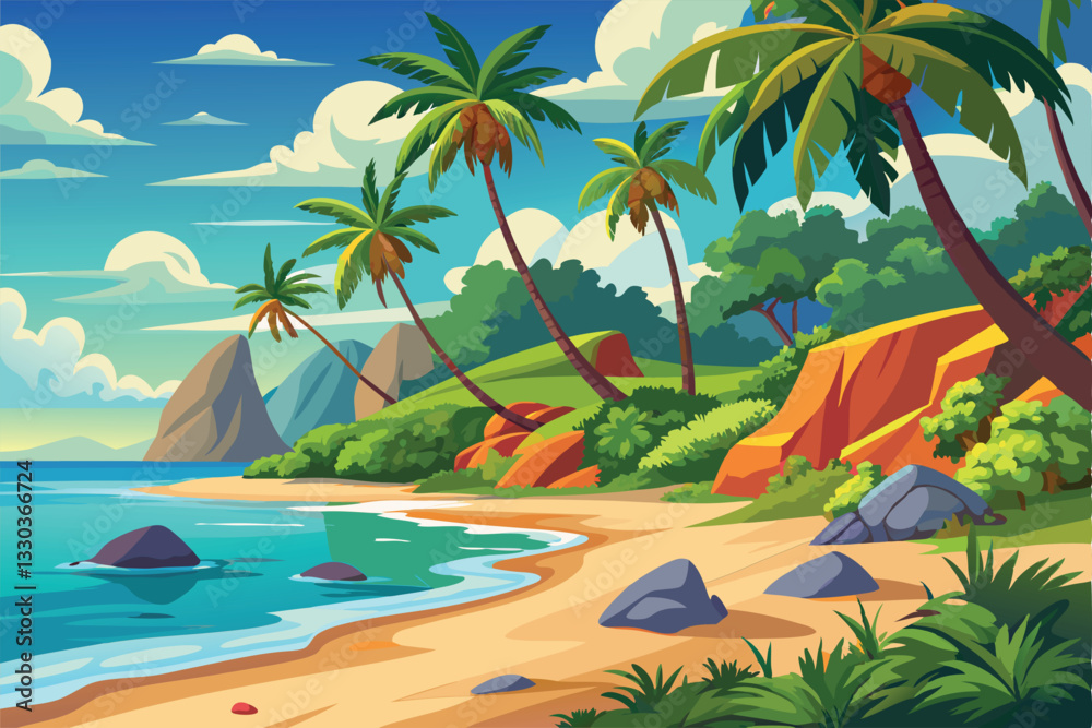 Golden sands and turquoise waters meet lush palm trees along a serene tropical beach at sunset, Tropical beach landscape, Golden sands and turquoise waters meet lush palm trees along a serene tropical beach at sunset, Tropical beach landscape,