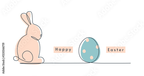 Easter bunny drawing with one continuous line. Cute rabbit with egg in single line. Silhouette in simple linear style. Editable stroke. Minimalistic vector illustration. Postcard or web banner design.