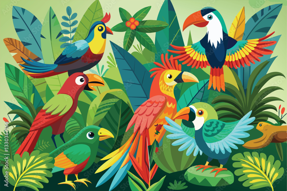 Fototapeta premium A lively assortment of tropical birds perched among lush greenery, showcasing bright colors and playful poses, Tropical birds Customizable Disproportionate Illustration