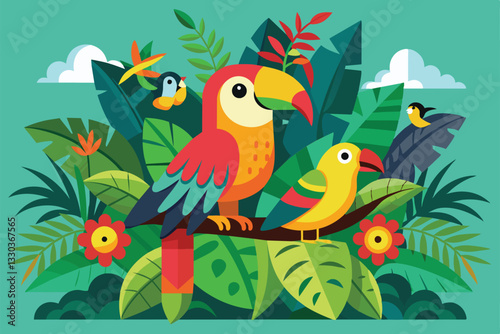 Two tropical birds sit on a branch surrounded by colorful foliage and flowers in a lively design, Tropical birds Customizable Flat Illustration