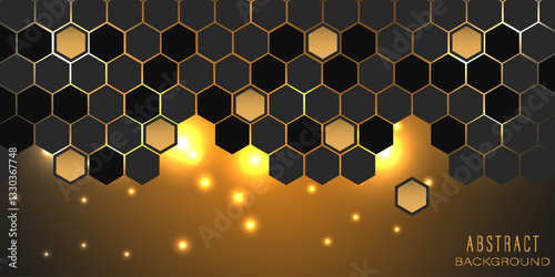 Abstract hexagonal gold background with glitter. Transparent golden glow effect.