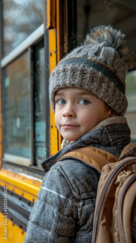 Young student with a determined expression stepping onto a yellow school bus on a crisp school morning