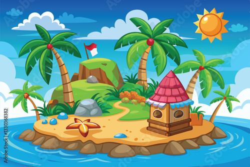 A vibrant tropical island with palm trees, a sandy shore, and a colorful hut under a sunny sky, Tropical island Customizable Cartoon Illustration