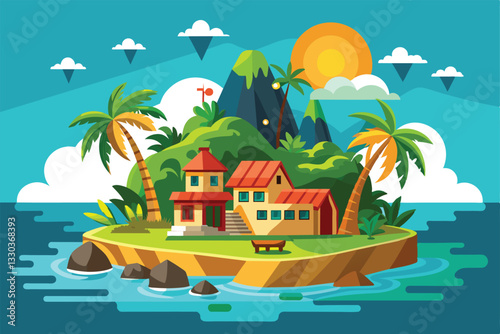 Experience the charm of a tropical island with colorful villas, palm trees, and a stunning sunset view, Tropical island Customizable Disproportionate Illustration
