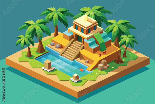 Discover a vibrant tropical island featuring a historic temple, exotic palm trees, and a peaceful river, Tropical island Customizable Isometric Illustration