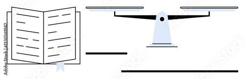 Open book next to balanced scale symbolizing fairness, education, and decision-making. Ideal for law, education, knowledge, equality, judgment truth impartiality. Flat simple metaphor