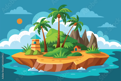 A colorful tropical island features swaying palm trees, rocky hills, and a charming lighthouse on clear blue waters, Tropical island Customizable Semi Flat Illustration