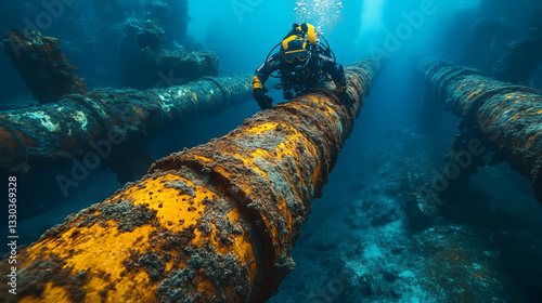 Underwater diver inspecting rusty industrial pipeline in deep blue ocean. Professional marine engineering for infrastructure maintenance and environmental impact assessment