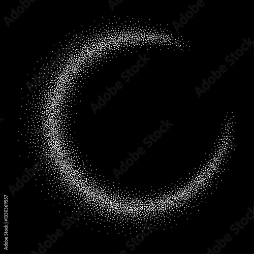 White flour powder round frame isolated on black background with copy space. Shiny ring of silver confetti. Vector circle of salt or snow spray texture