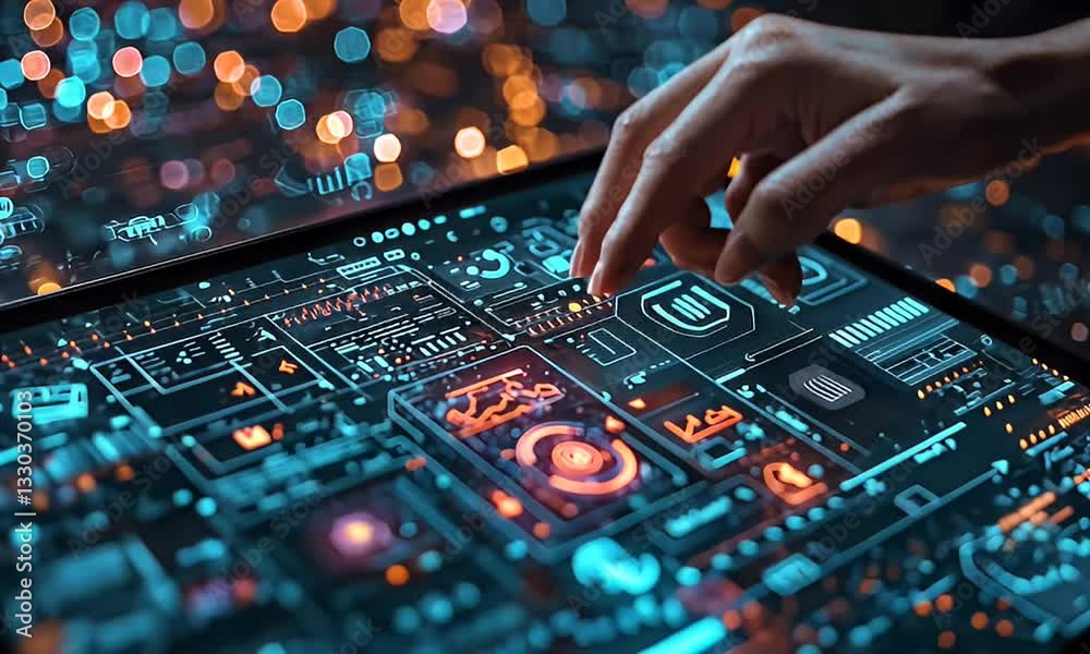Hand Interacting with Futuristic Tablet Interface Showing Digital Data Streams Hand Interacting with Futuristic Tablet Interface Showing Digital Data Streams